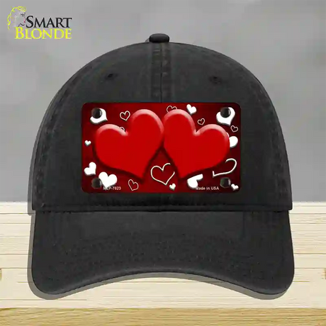 Red White Love Hearts Oil Rubbed Novelty License Plate Hat Unconstructed Cotton / Black