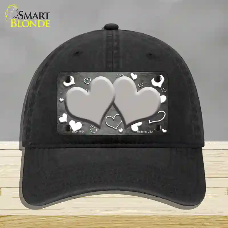 Gray White Love Hearts Oil Rubbed Novelty License Plate Hat Unconstructed Cotton / Black