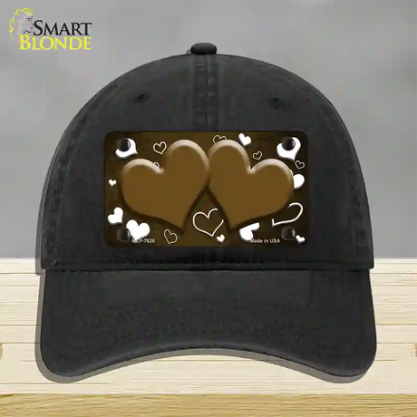 Brown White Love Hearts Oil Rubbed Novelty License Plate Hat Unconstructed Cotton / Black