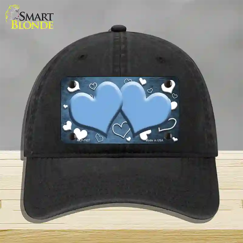 Light Blue White Love Hearts Oil Rubbed Novelty License Plate Hat Unconstructed Cotton / Black