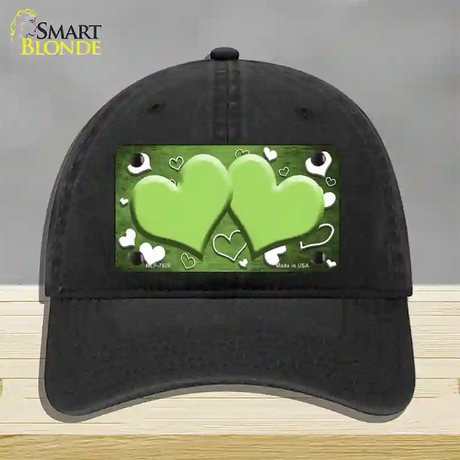 Lime Green White Love Hearts Oil Rubbed Novelty License Plate Hat Unconstructed Cotton / Black