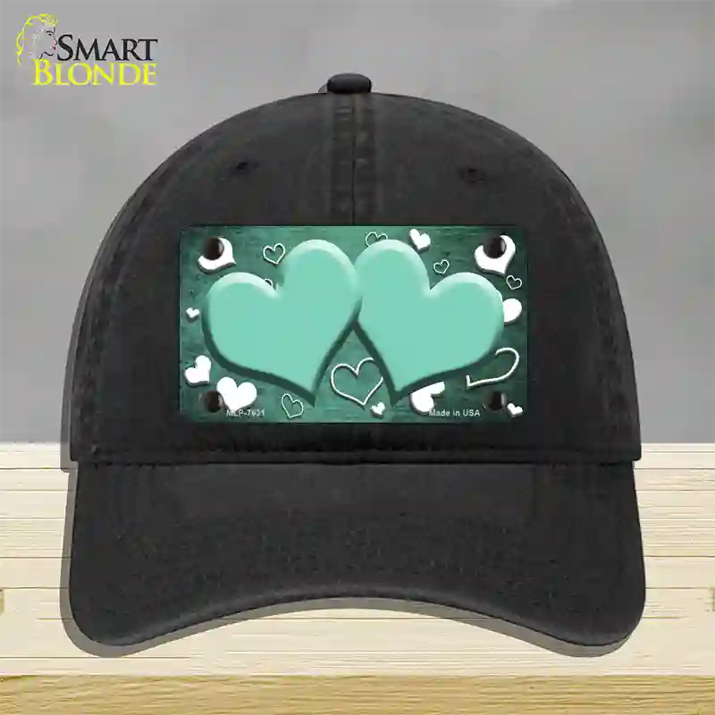 Mint White Love Hearts Oil Rubbed Novelty License Plate Hat Unconstructed Cotton / Black