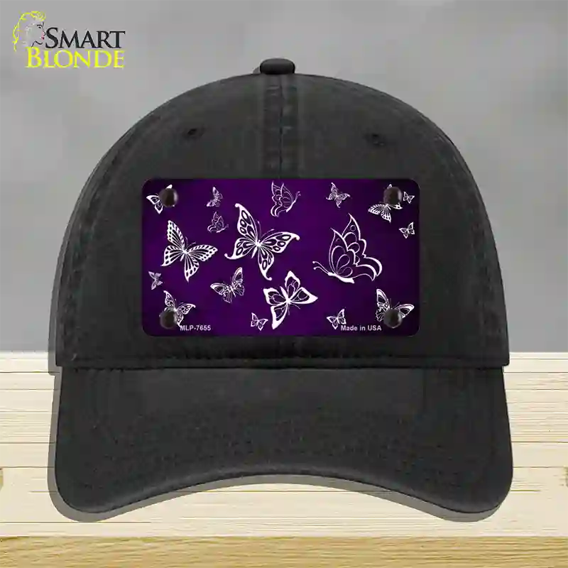 Purple White Butterfly Oil Rubbed Novelty License Plate Hat Unconstructed Cotton / Black