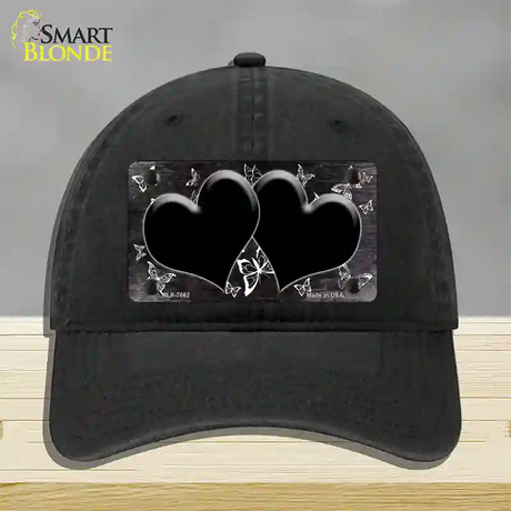 Black White Hearts Butterfly Oil Rubbed Novelty License Plate Hat Unconstructed Cotton / Black