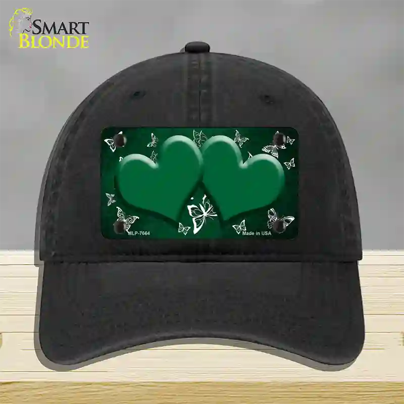 Green White Hearts Butterfly Oil Rubbed Novelty License Plate Hat Unconstructed Cotton / Black