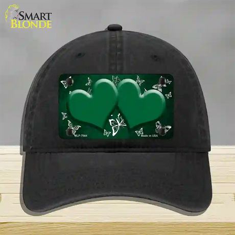 Green White Hearts Butterfly Oil Rubbed Novelty License Plate Hat Unconstructed Cotton / Black