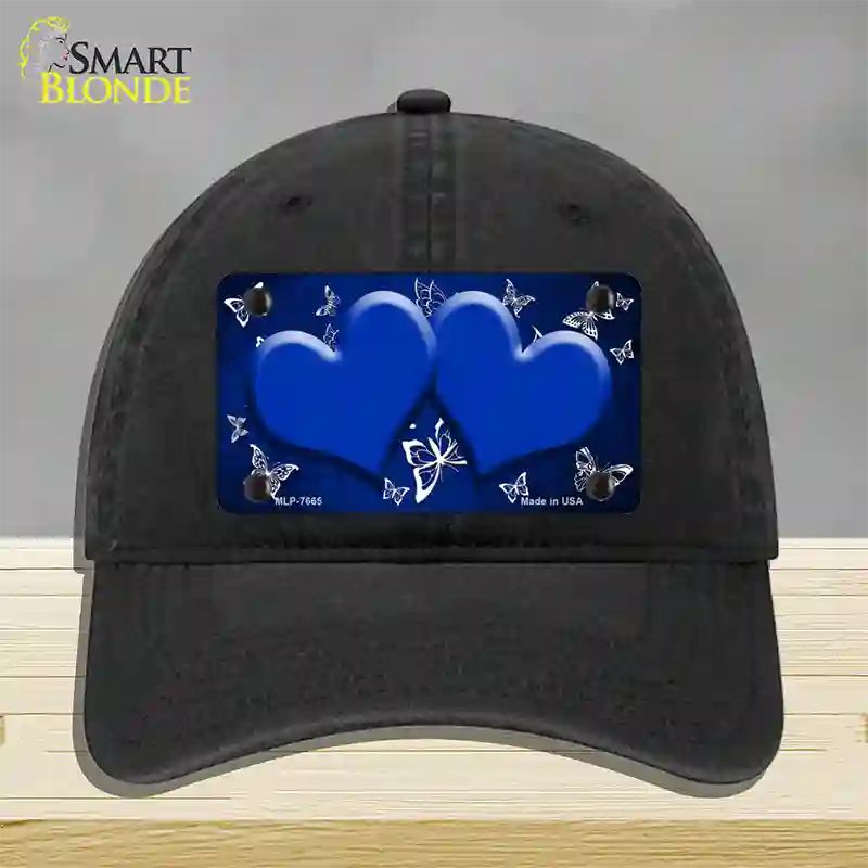 Blue White Hearts Butterfly Oil Rubbed Novelty License Plate Hat Unconstructed Cotton / Black