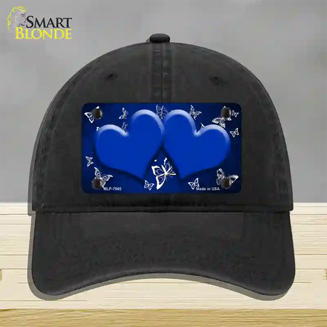 Blue White Hearts Butterfly Oil Rubbed Novelty License Plate Hat Unconstructed Cotton / Black