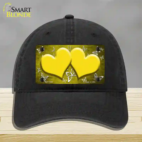 Yellow White Hearts Butterfly Oil Rubbed Novelty License Plate Hat Unconstructed Cotton / Black