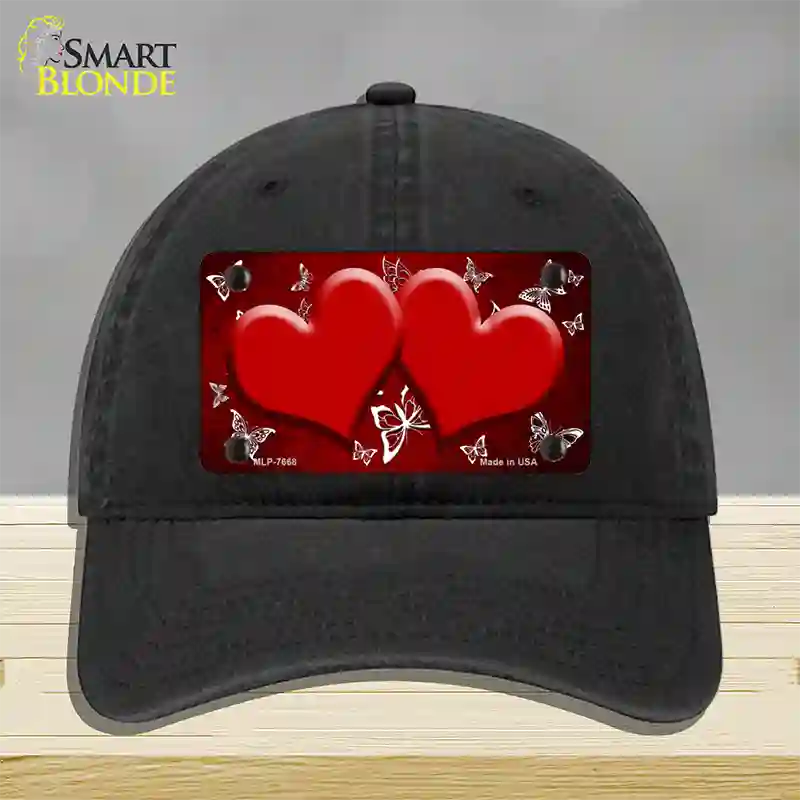 Red White Hearts Butterfly Oil Rubbed Novelty License Plate Hat Unconstructed Cotton / Black