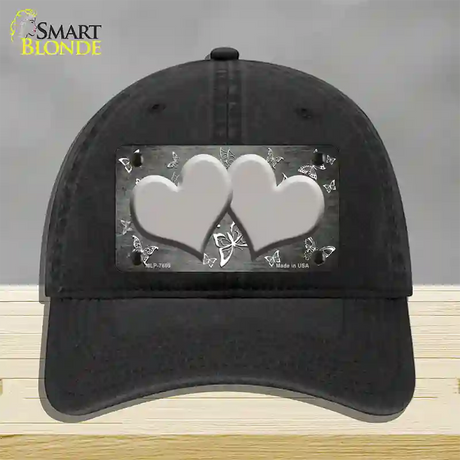 Gray White Hearts Butterfly Oil Rubbed Novelty License Plate Hat Unconstructed Cotton / Black