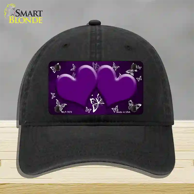 Purple White Hearts Butterfly Oil Rubbed Novelty License Plate Hat Unconstructed Cotton / Black