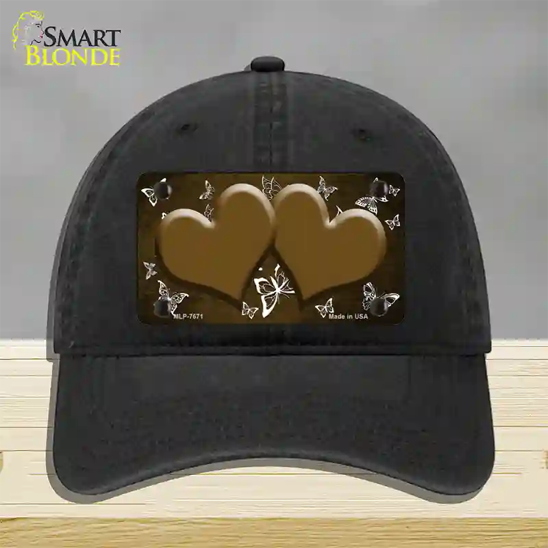 Brown White Hearts Butterfly Oil Rubbed Novelty License Plate Hat Unconstructed Cotton / Black