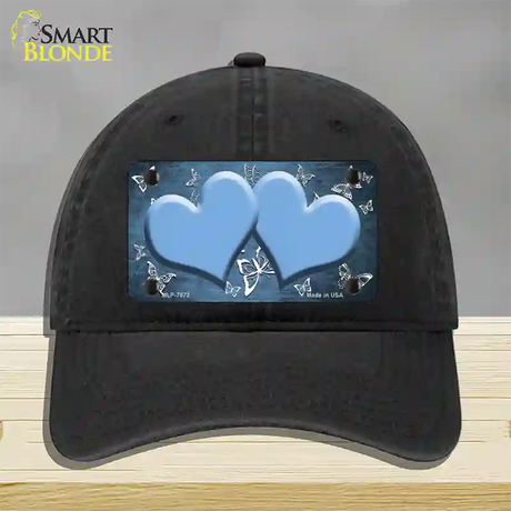 Light Blue White Hearts Butterfly Oil Rubbed Novelty License Plate Hat Unconstructed Cotton / Black