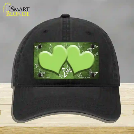 Lime Green White Hearts Butterfly Oil Rubbed Novelty License Plate Hat Unconstructed Cotton / Black