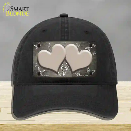 Tan White Hearts Butterfly Oil Rubbed Novelty License Plate Hat Unconstructed Cotton / Black