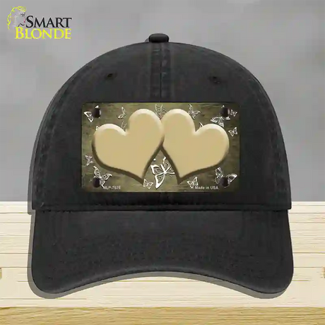 Gold White Hearts Butterfly Oil Rubbed Novelty License Plate Hat Unconstructed Cotton / Black