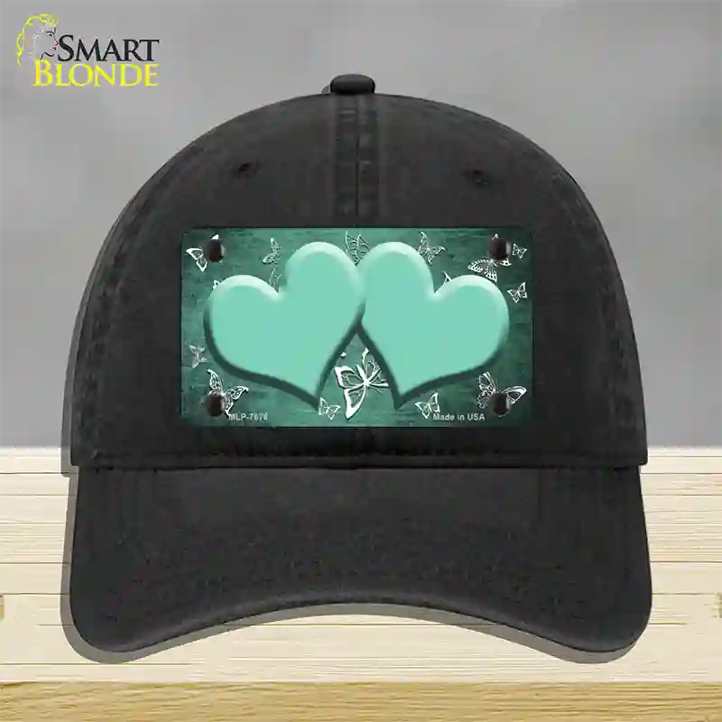 Mint White Hearts Butterfly Oil Rubbed Novelty License Plate Hat Unconstructed Cotton / Black