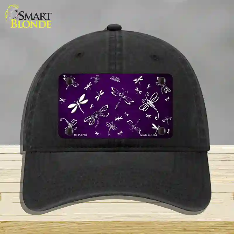 Purple White Dragonfly Oil Rubbed Novelty License Plate Hat Unconstructed Cotton / Black