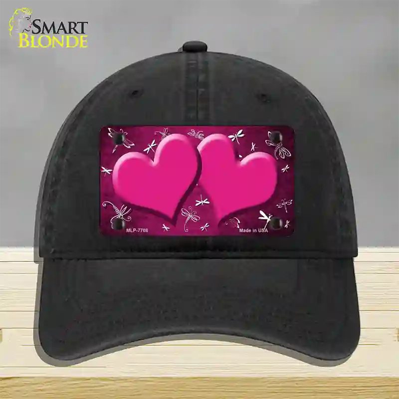 Pink White Dragonfly Hearts Oil Rubbed Novelty License Plate Hat Unconstructed Cotton / Black