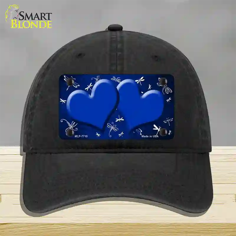 Blue White Dragonfly Hearts Oil Rubbed Novelty License Plate Hat Unconstructed Cotton / Black