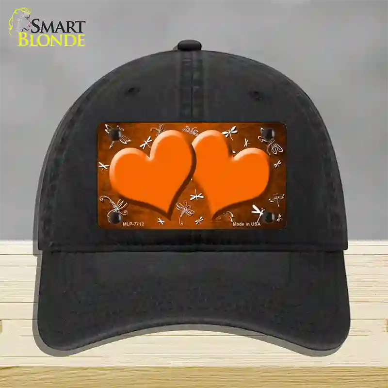 Orange White Dragonfly Hearts Oil Rubbed Novelty License Plate Hat Unconstructed Cotton / Black