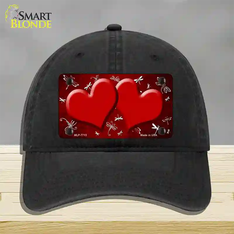 Red White Dragonfly Hearts Oil Rubbed Novelty License Plate Hat Unconstructed Cotton / Black