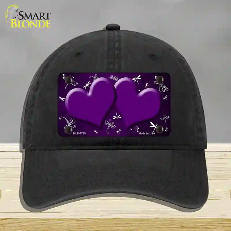 Purple White Dragonfly Hearts Oil Rubbed Novelty License Plate Hat Unconstructed Cotton / Black