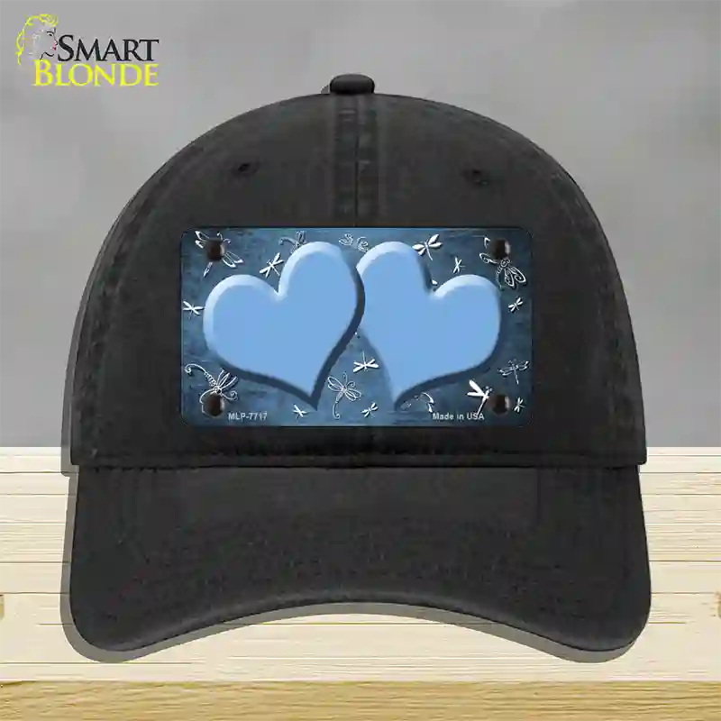 Light Blue White Dragonfly Hearts Oil Rubbed Novelty License Plate Hat Unconstructed Cotton / Black