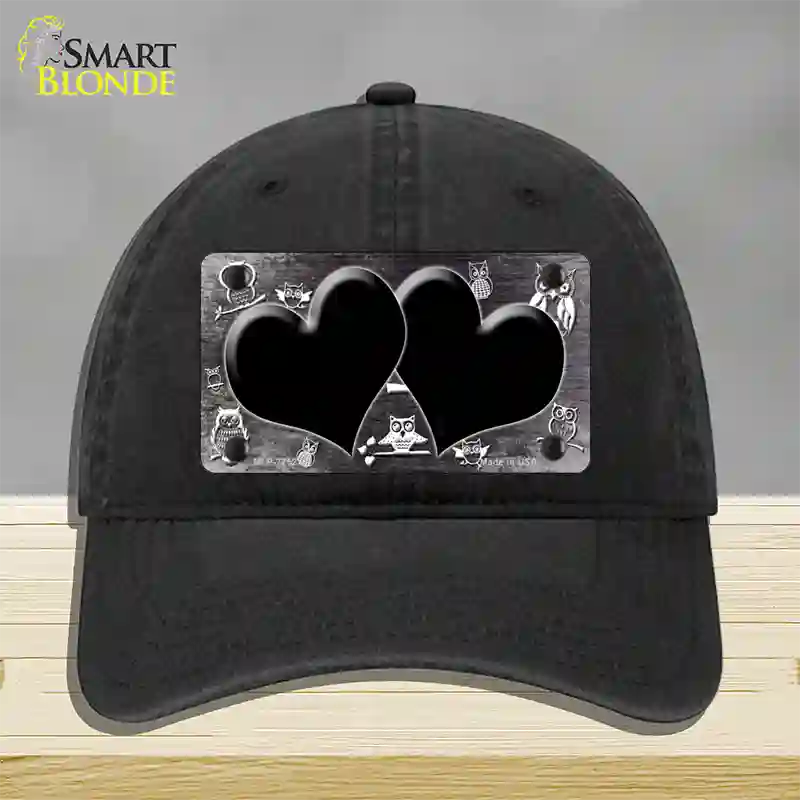 Black White Owl Hearts Oil Rubbed Novelty License Plate Hat Unconstructed Cotton / Black