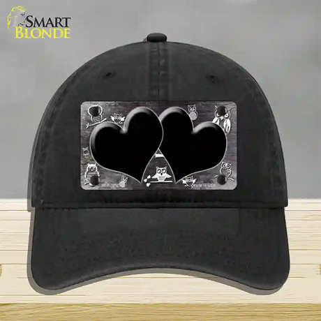 Black White Owl Hearts Oil Rubbed Novelty License Plate Hat Unconstructed Cotton / Black