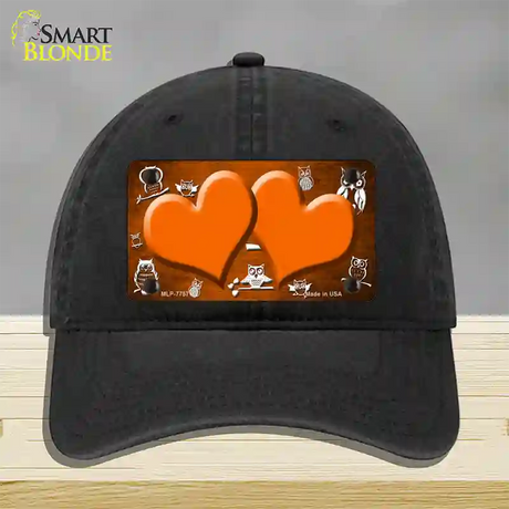 Orange White Owl Hearts Oil Rubbed Novelty License Plate Hat Unconstructed Cotton / Black