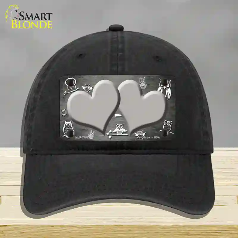 Gray White Owl Hearts Oil Rubbed Novelty License Plate Hat Unconstructed Cotton / Black