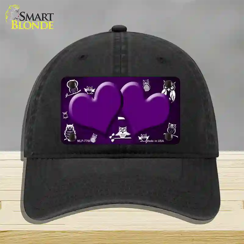 Purple White Owl Hearts Oil Rubbed Novelty License Plate Hat Unconstructed Cotton / Black