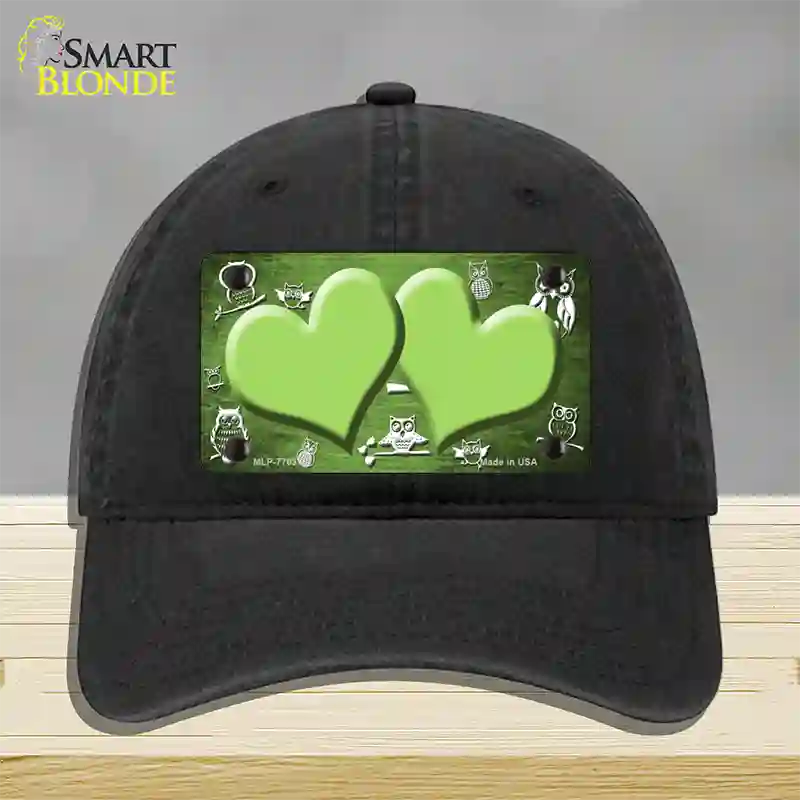 Lime Green White Owl Hearts Oil Rubbed Novelty License Plate Hat Unconstructed Cotton / Black