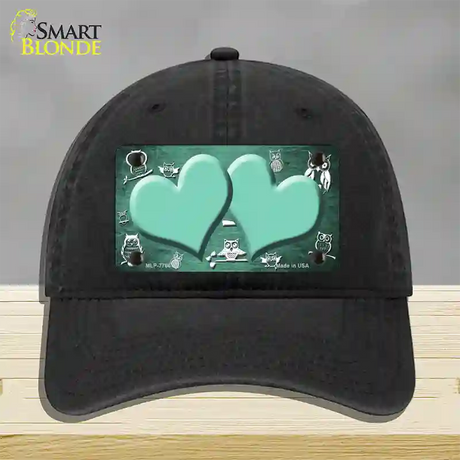 Mint White Owl Hearts Oil Rubbed Novelty License Plate Hat Unconstructed Cotton / Black