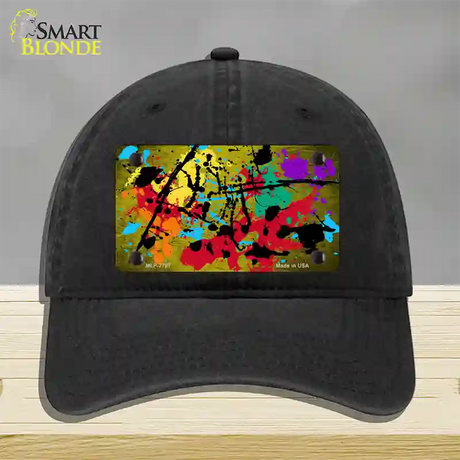 Yellow Splatter Oil Rubbed Novelty License Plate Hat Unconstructed Cotton / Black