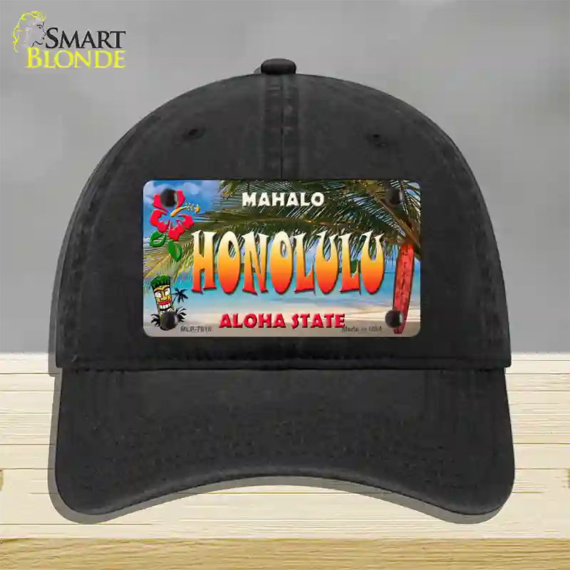 Honolulu Hawaii State Novelty License Plate Hat Unconstructed Cotton / Black