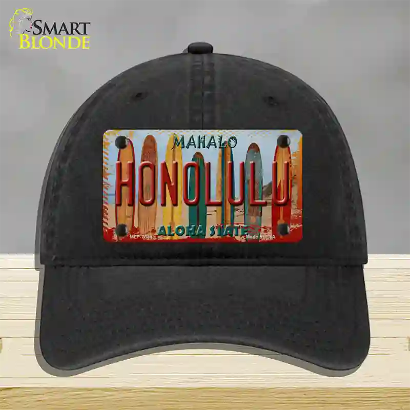 Honolulu Surfboards Hawaii State Novelty License Plate Hat Unconstructed Cotton / Black