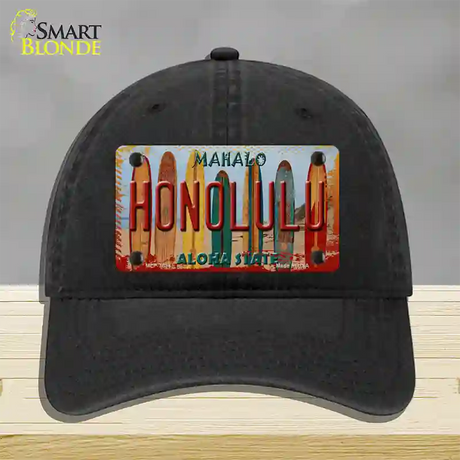 Honolulu Surfboards Hawaii State Novelty License Plate Hat Unconstructed Cotton / Black