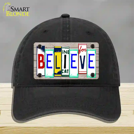 Believe License Plate Art Wood Novelty License Plate Hat Unconstructed Cotton / Black