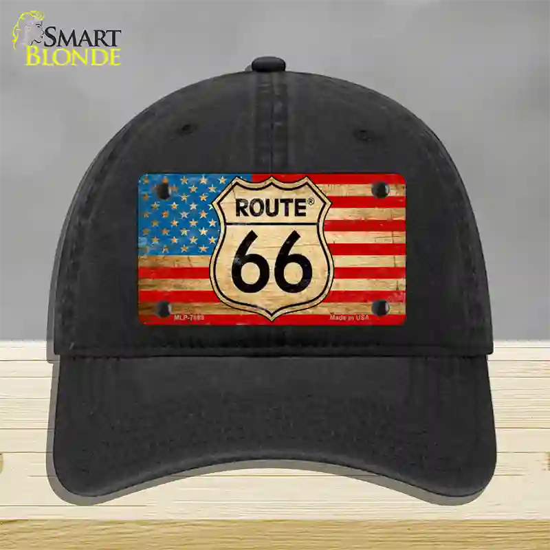 Route 66 American Flag Novelty License Plate Hat Unconstructed Cotton / Black