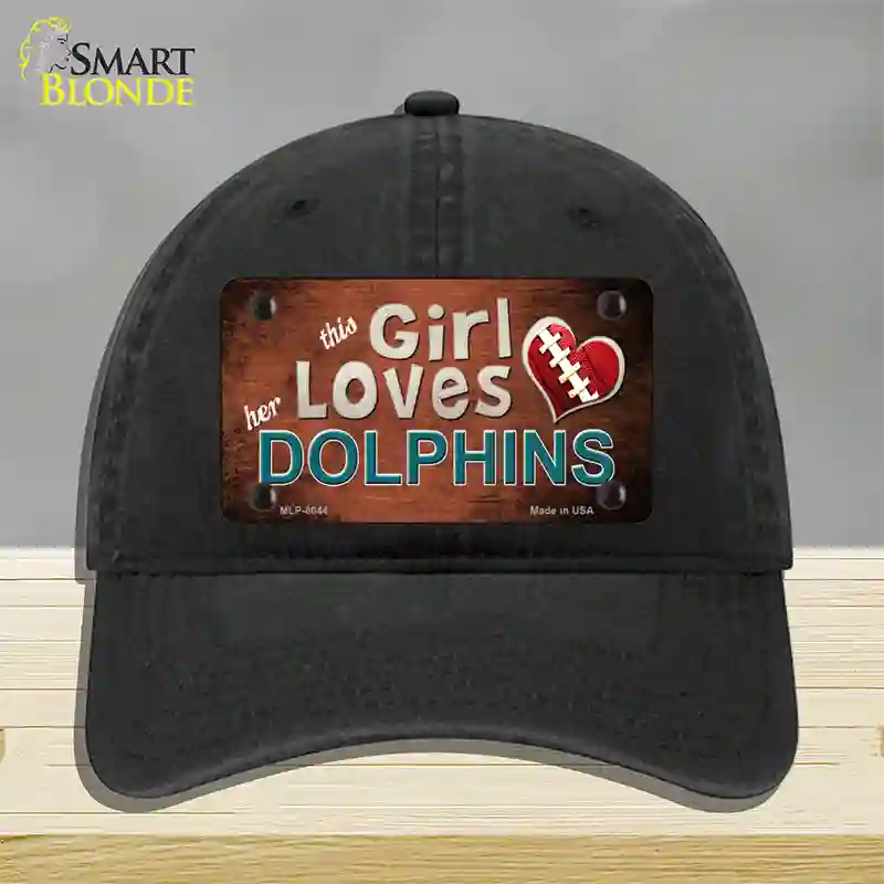 This Girl Loves Her Dolphins Novelty License Plate Hat Unconstructed Cotton / Black