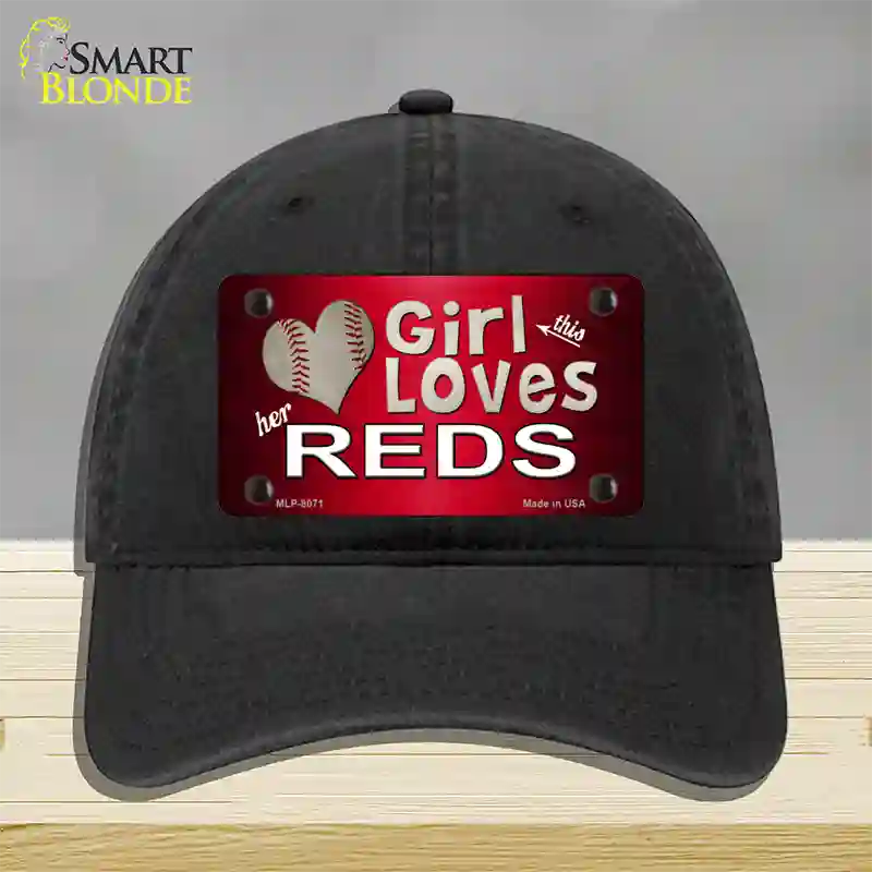 This Girl Loves Her Reds Novelty License Plate Hat Unconstructed Cotton / Black