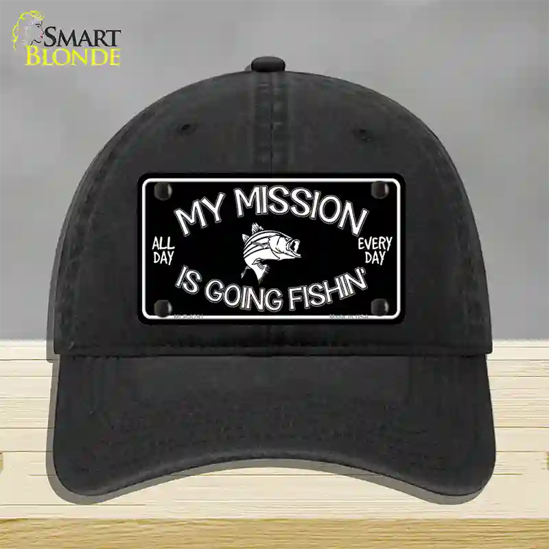 My Mission Is Fishin Novelty License Plate Hat Unconstructed Cotton / Black