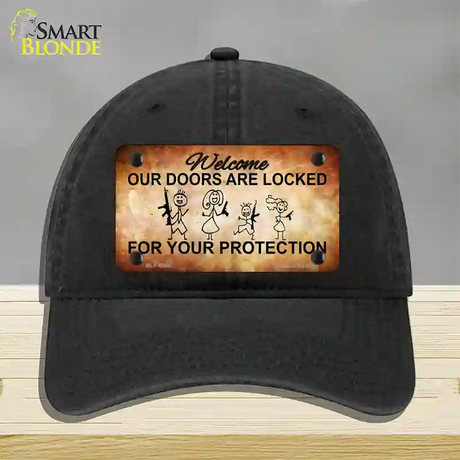 Doors Locked Your Protection Novelty License Plate Hat Unconstructed Cotton / Black