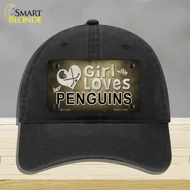 This Girl Loves Her Penguins Novelty License Plate Hat Unconstructed Cotton / Black