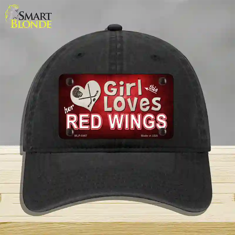 This Girl Loves Her Red Wings Novelty License Plate Hat Unconstructed Cotton / Black