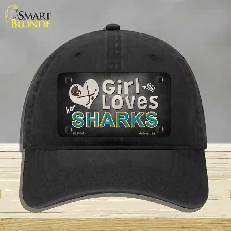 This Girl Loves Her Sharks Novelty License Plate Hat Unconstructed Cotton / Black