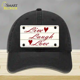 Live, Laugh, Love Novelty License Plate Hat Unconstructed Cotton / Black